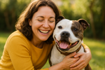 Lady smiling with her staffy dog and enjoying herself